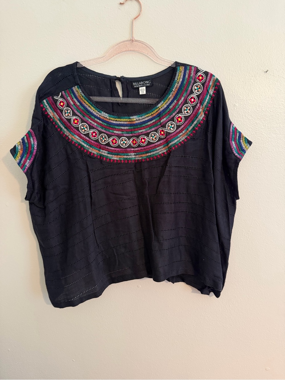 Billabong Black Embroidered Scoop-Neck Top w/ Multicolor Accents & Eyelet Design